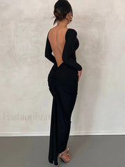Ruched Open Back Trendy Long Sleeve Maxi Dress Dresses
