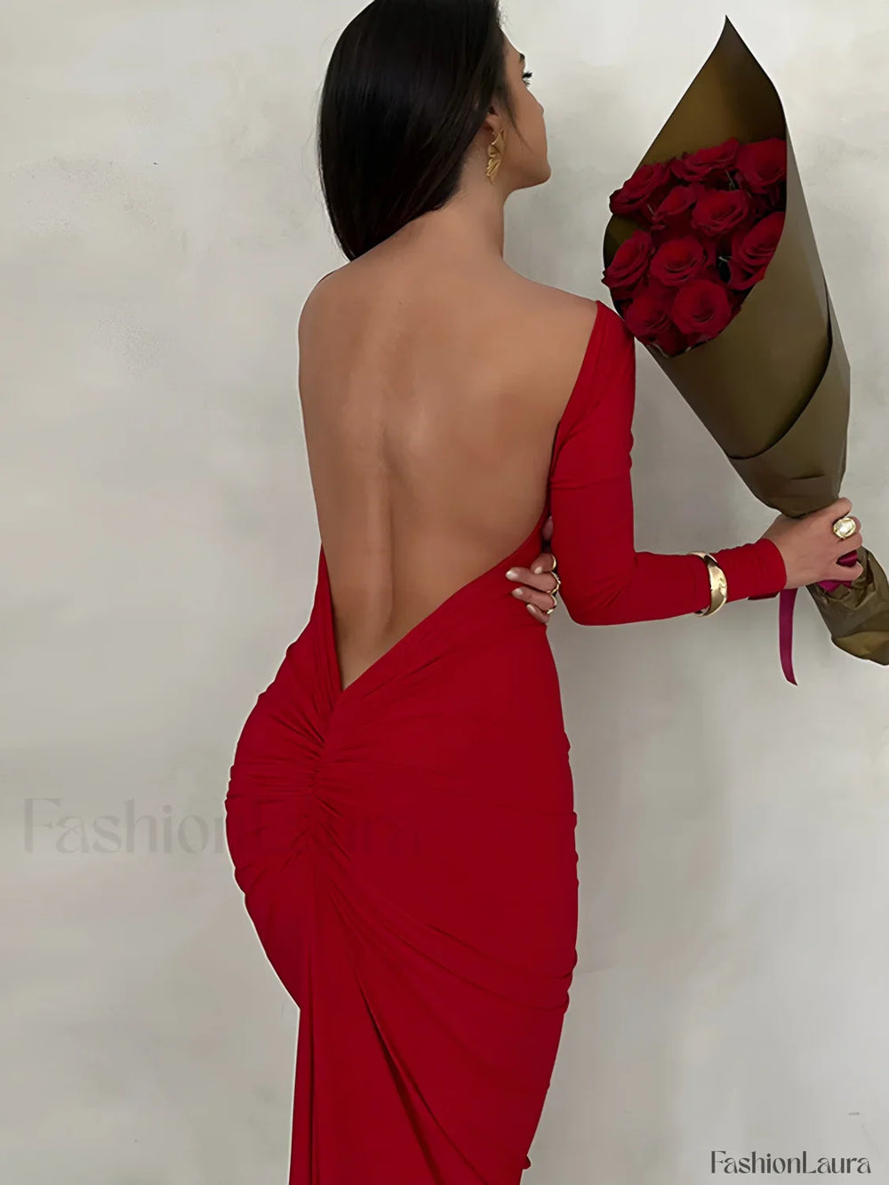 Ruched Open Back Trendy Long Sleeve Maxi Dress Dresses