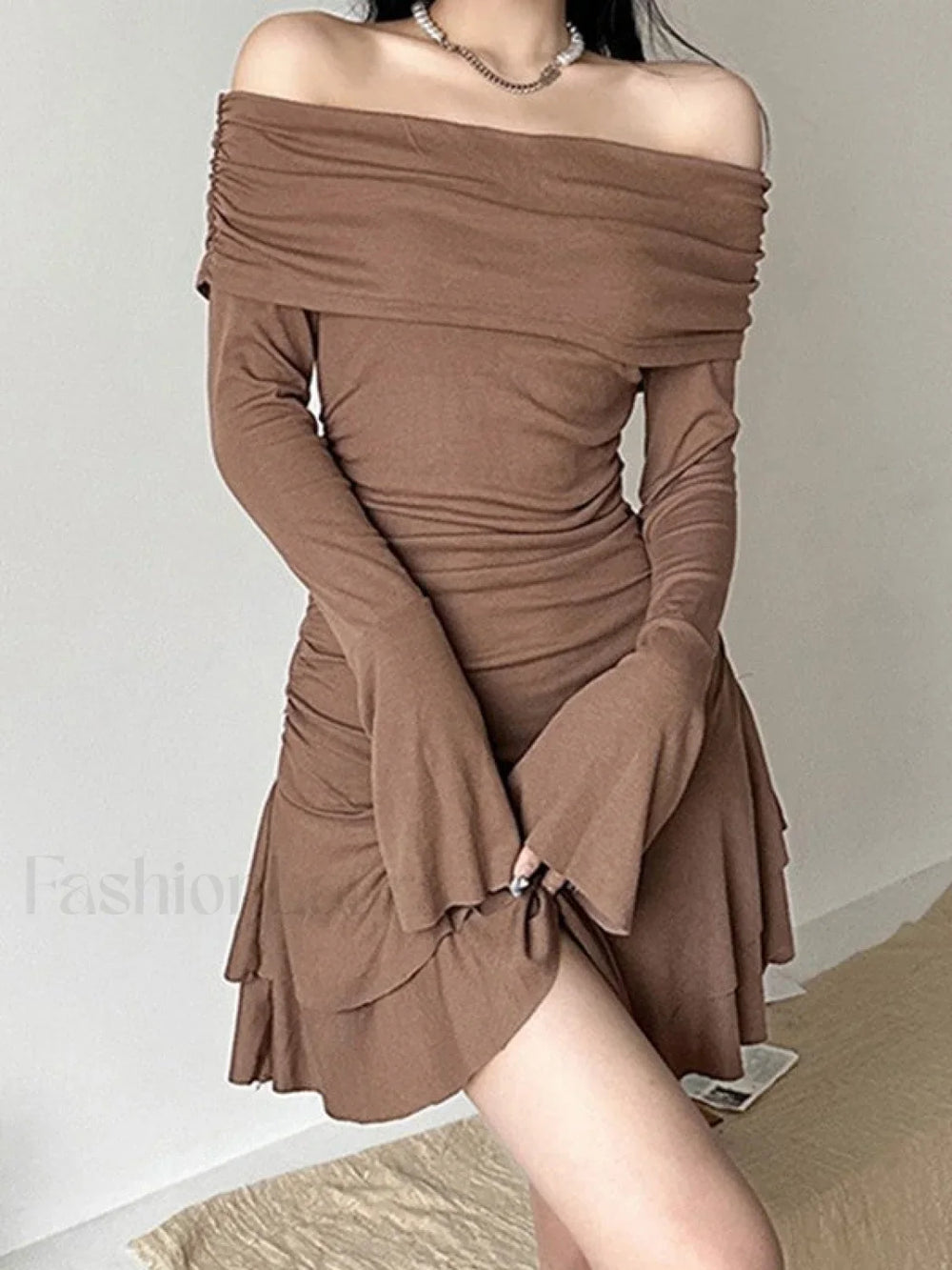 Ruffle Off Shoulder Ribbed Mini Dress Mini Dresses