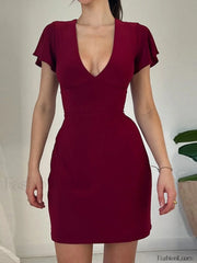 Ruffle Sleeve Bodycon Mini Dress Red / S Mini Dresses