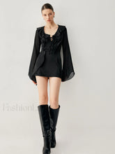 Ruffled Long Sleeve Trendy Tie Patchwork Short Dress Black / S Dresses