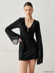 Ruffled Long Sleeve Trendy Tie Patchwork Short Dress Dresses