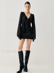 Ruffled Long Sleeve Trendy Tie Patchwork Short Dress Dresses