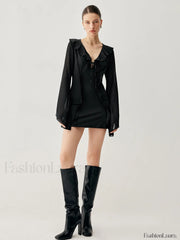 Ruffled Long Sleeve Trendy Tie Patchwork Short Dress Dresses