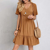 Ruffled Solid Mini Boho Dress Brown / S