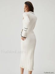 Ruffled Trim Contrast Binding Modern Button up Collar Midi Sweater Dress Sweaters L