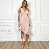 Ruffled V Neck Midi Dress