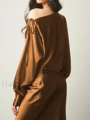 Satin Asymmetrical Cold Trendy Shoulder Tied Blouse Blouses