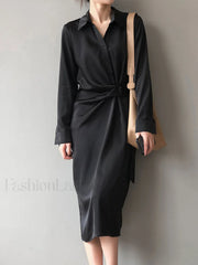 Satin Belted Long Sleeve Shirt Midi Dress Black / S Midi Dresses