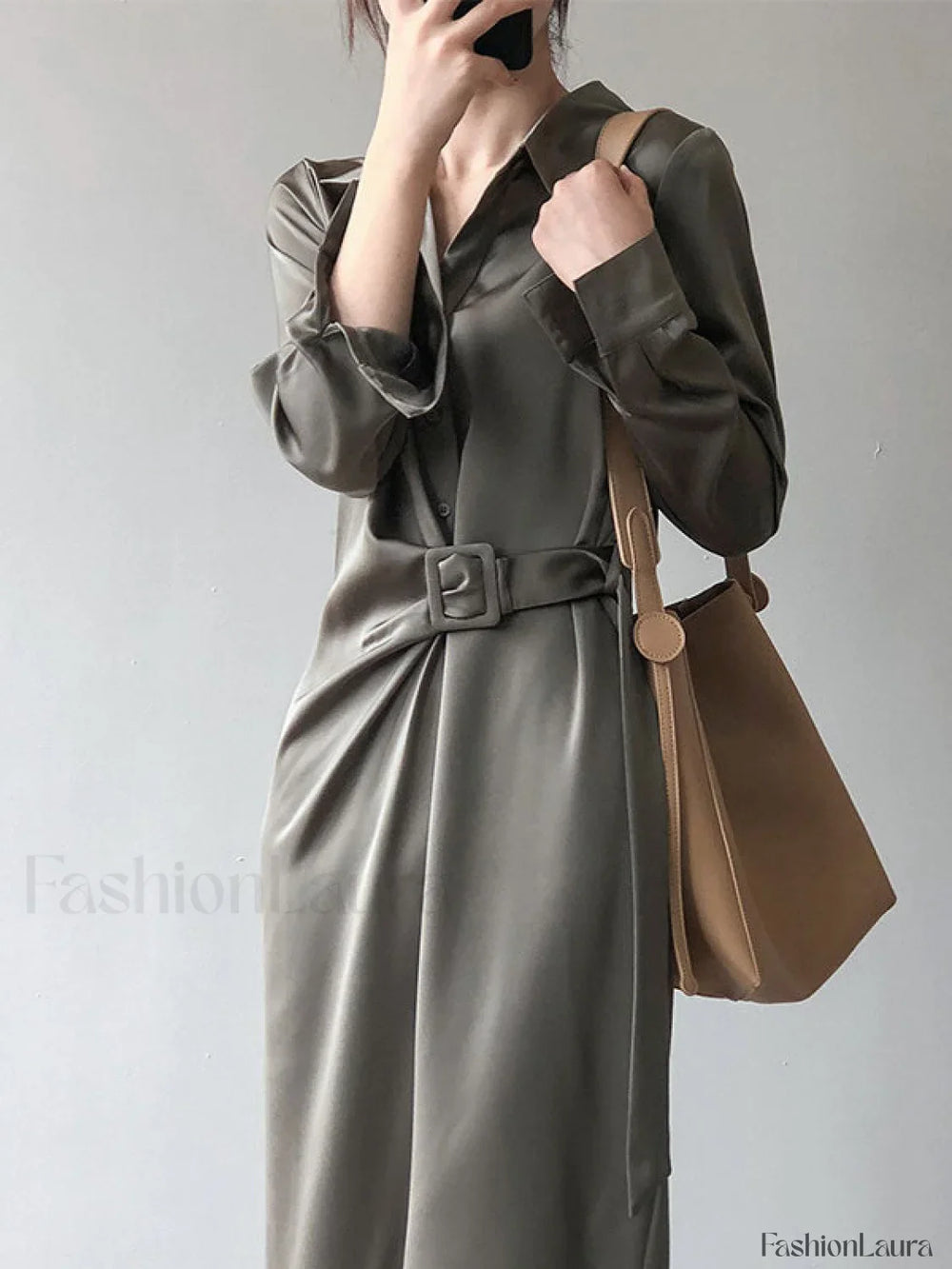 Satin Belted Long Sleeve Shirt Midi Dress Midi Dresses