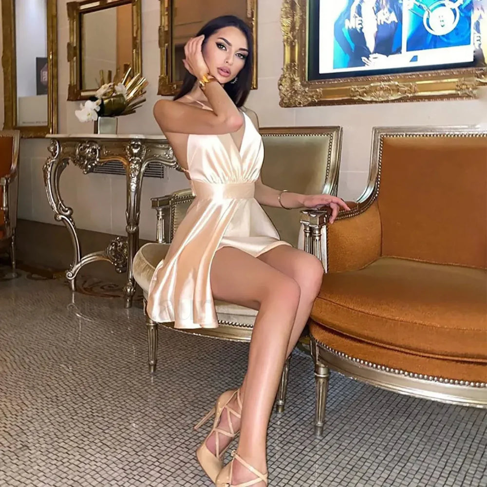 Satin Bow Knot Cross Mini Dress Yellow / S