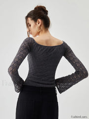 Semi sheer Boat Neck Trendy Mesh Crop Top T Shirts