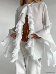 Semi sheer Chiffon Graceful Ruffled Trim Blouse Blouses