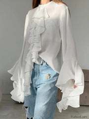 Semi sheer Chiffon Graceful Ruffled Trim Blouse White / S Blouses