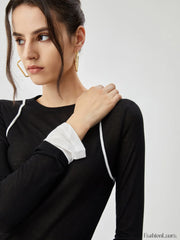 Semi sheer Contrast Trim Patchwork Modern Long Sleeve Knit Top T Shirts