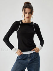 Semi sheer Contrast Trim Patchwork Modern Long Sleeve Knit Top T Shirts