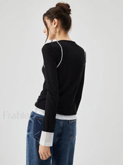 Semi sheer Contrast Trim Patchwork Modern Long Sleeve Knit Top T Shirts