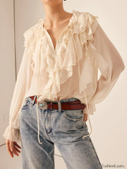 Semi Sheer Ruffle Chiffon Breasted Blouse Apricot / XS Blouses