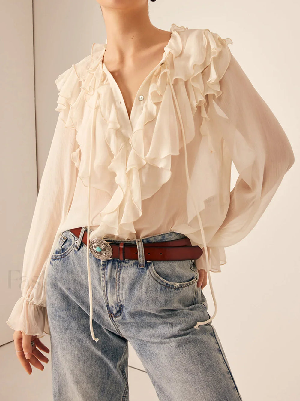 Semi Sheer Ruffle Chiffon Breasted Blouse Apricot / XS Blouses