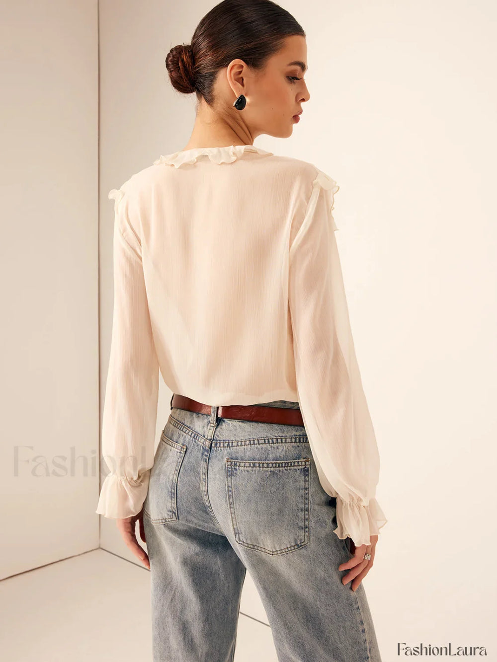 Semi Sheer Ruffle Chiffon Breasted Blouse Blouses