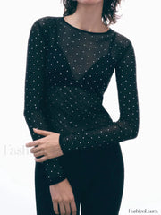 Semi sheer Sequined Polka Dot Modern Long Sleeve Mesh Shirt T Shirts