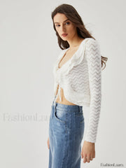 Semi sheer Wavy Ruffled Trendy Trim Tied Crop Blouse Blouses
