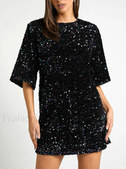 Sequin Deep V Trendy Back Tie Short Dress Dresses