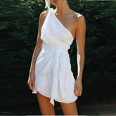 Sexy Backless Dress for Summer Women’s 2024 New Slant Neck Zipper Solid High Waist Lace up Irregular Hem Mini Dress