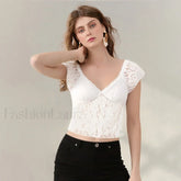 Sexy Cap Sleeve Lace Crop Top T Shirt WHITE / S