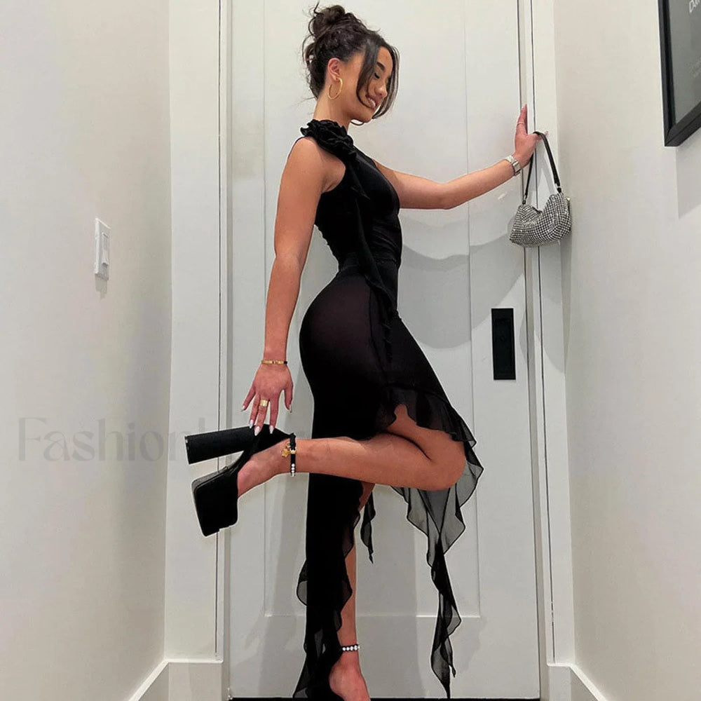 Sheer Mesh 3D Flower Ruffle Trim Sleeveless Club Dress Black L / Black Party Dresses L