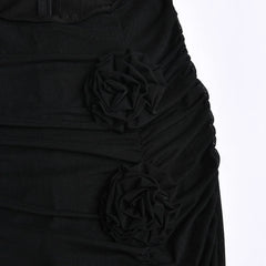 Sheer Mesh Floral Trim Cut Out High Slit Strapless Maxi Dress Black Party Dresses L