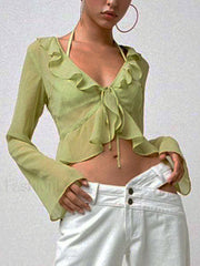 Sheer Mesh Ruffle Long Sleeve Crop Blouse Long Sleeves