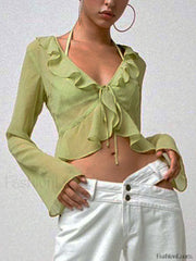 Sheer Mesh Ruffle Long Sleeve Crop Blouse Long Sleeves