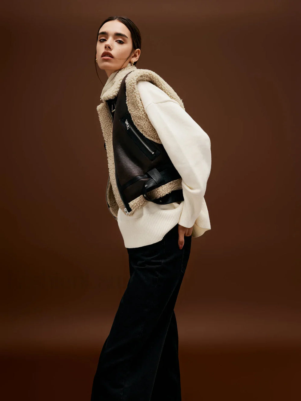 Sherpa Lined Shearling Trendy Leather Biker Crop Vest Vests