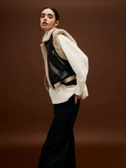 Sherpa Lined Shearling Trendy Leather Biker Crop Vest Vests