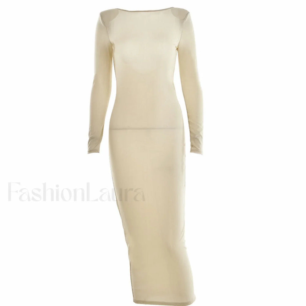 Shimmery Shoulder Pad Long Sleeve Open Back Cocktail Midi Dress Khaki L / Khaki Party Dresses L