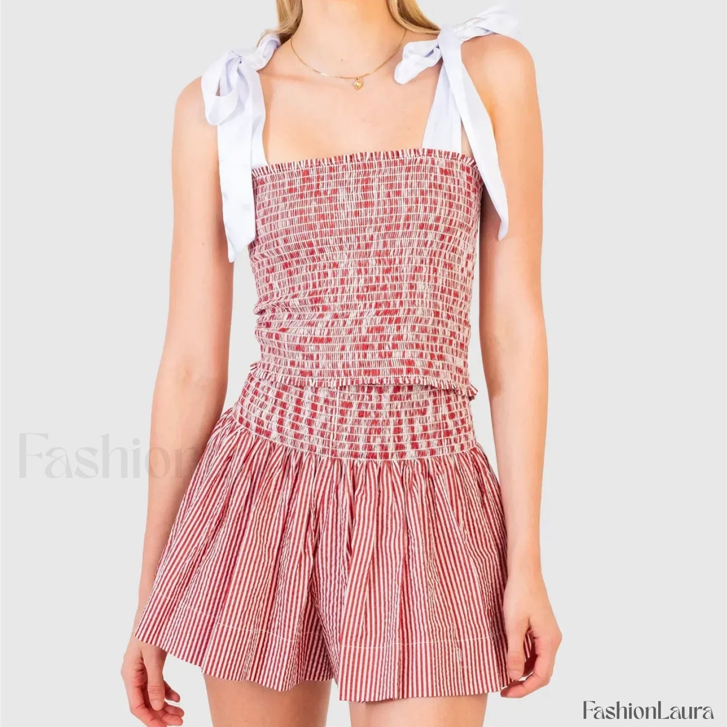 Shirred Tie Shoulder Crop Cami Elastic Waist Shorts Two Piece Set Red / S