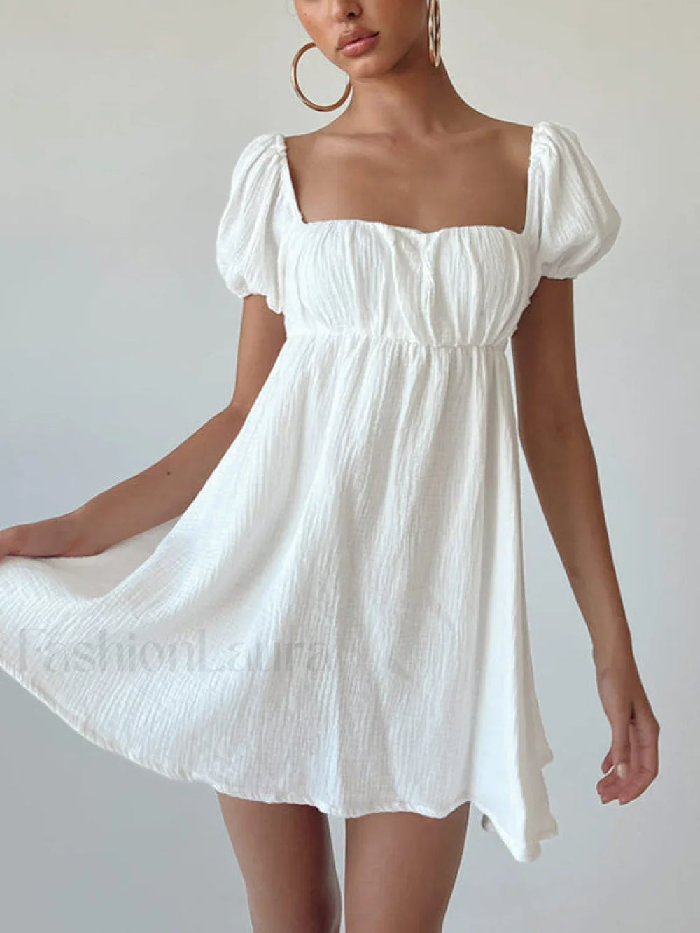 Short Puff Sleeve Square Neck Mini Dress White / S Mini Dresses