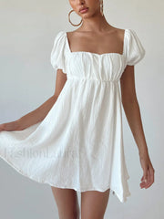 Short Puff Sleeve Square Neck Mini Dress White / S Mini Dresses