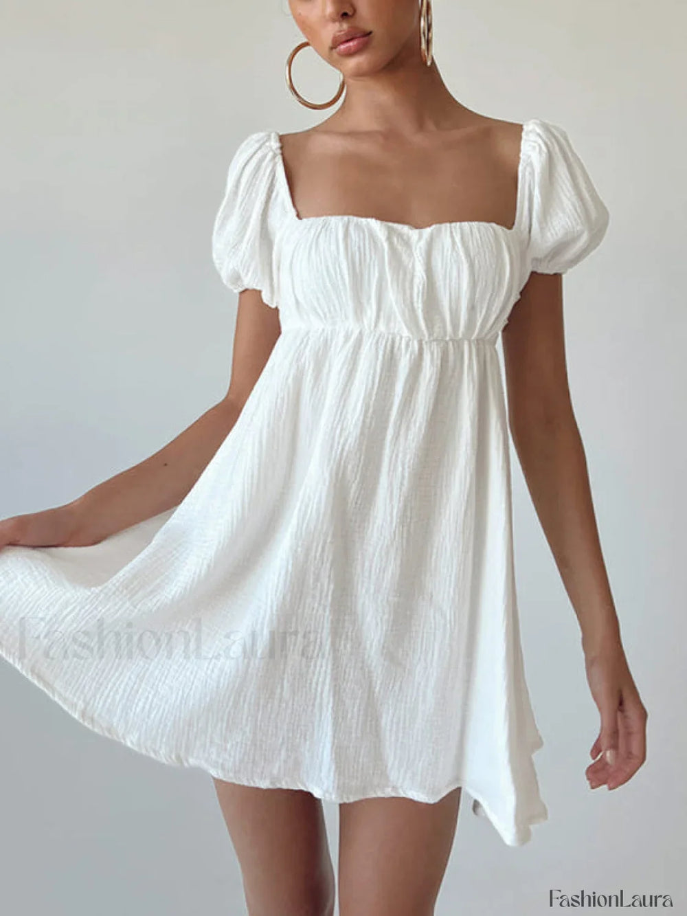 Short Puff Sleeve Square Neck Mini Dress White / S Mini Dresses