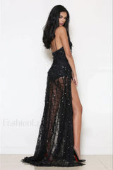 Side Split Sequin Charming Party Maxi Dress S / Black Party Dresses L