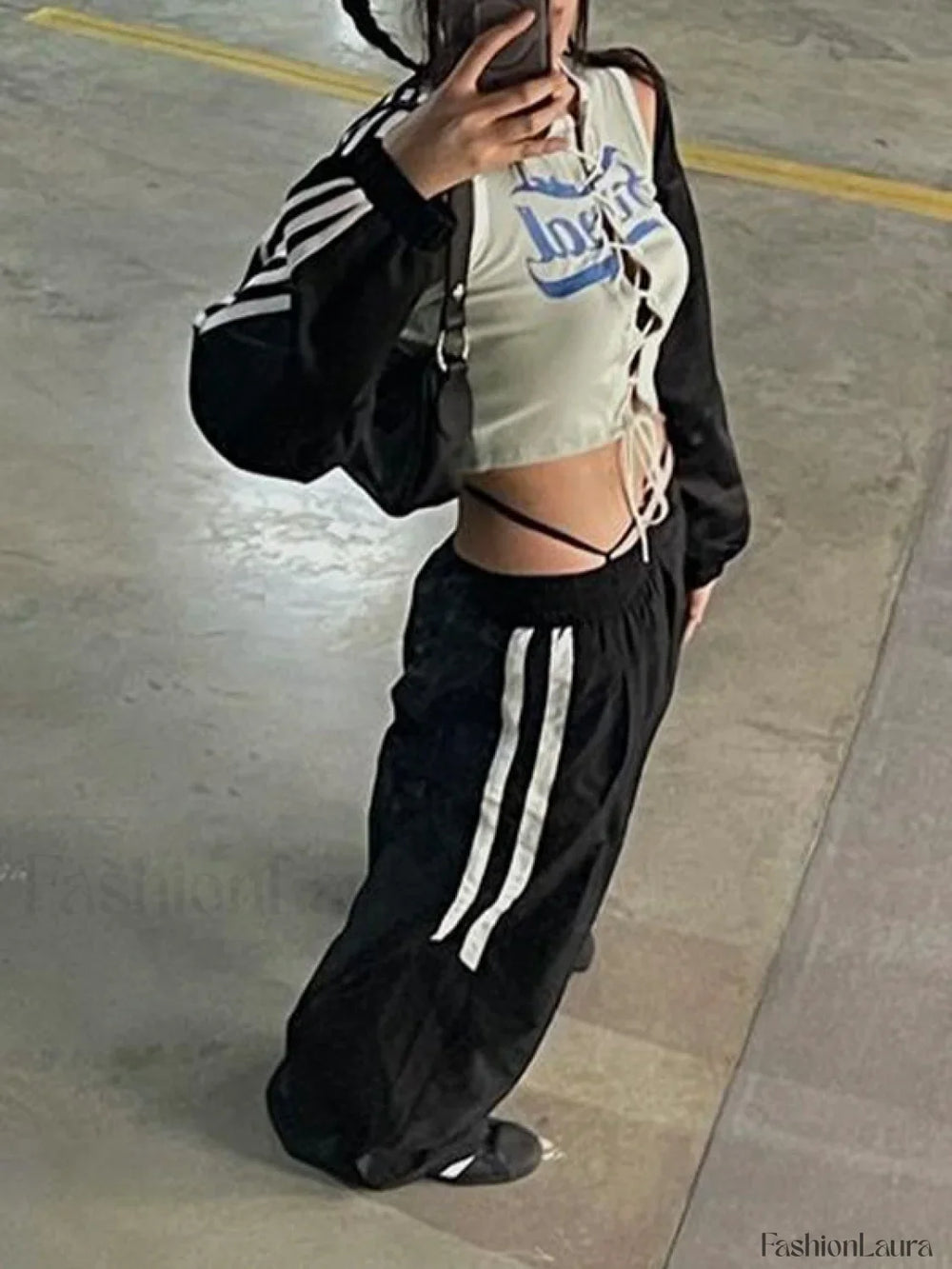 Side Striped Black Wide Leg Pants Wide Leg Pants