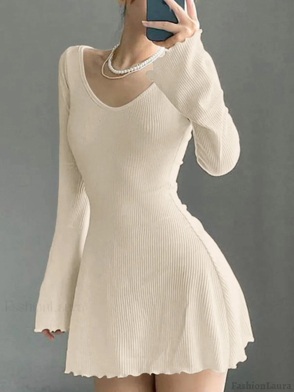 Simple Knitted Long Sleeve Mini Dress Beige / S Mini Dresses