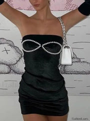 Sleeve Cover Faux Pearl Strapless Velvet Mini Dress Mini Dresses