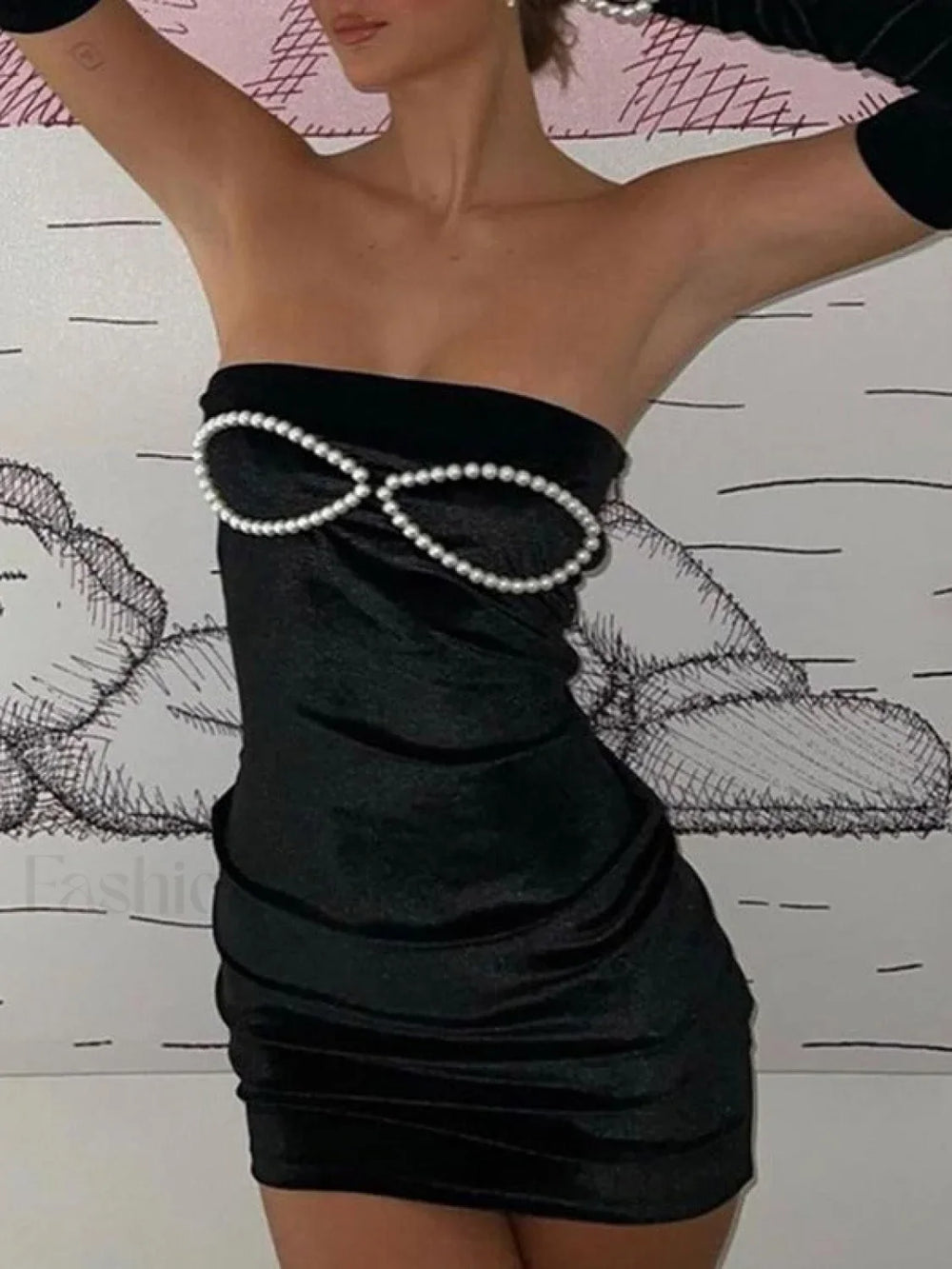 Sleeve Cover Faux Pearl Strapless Velvet Mini Dress Black / S Mini Dresses