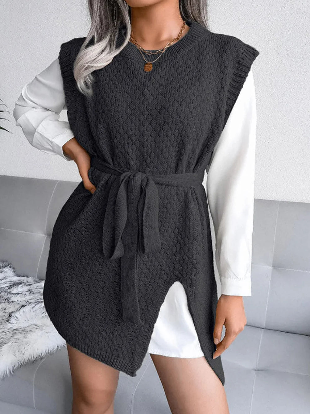 Sleeveless Split Knit Midi Dress Black / S Midi Dresses
