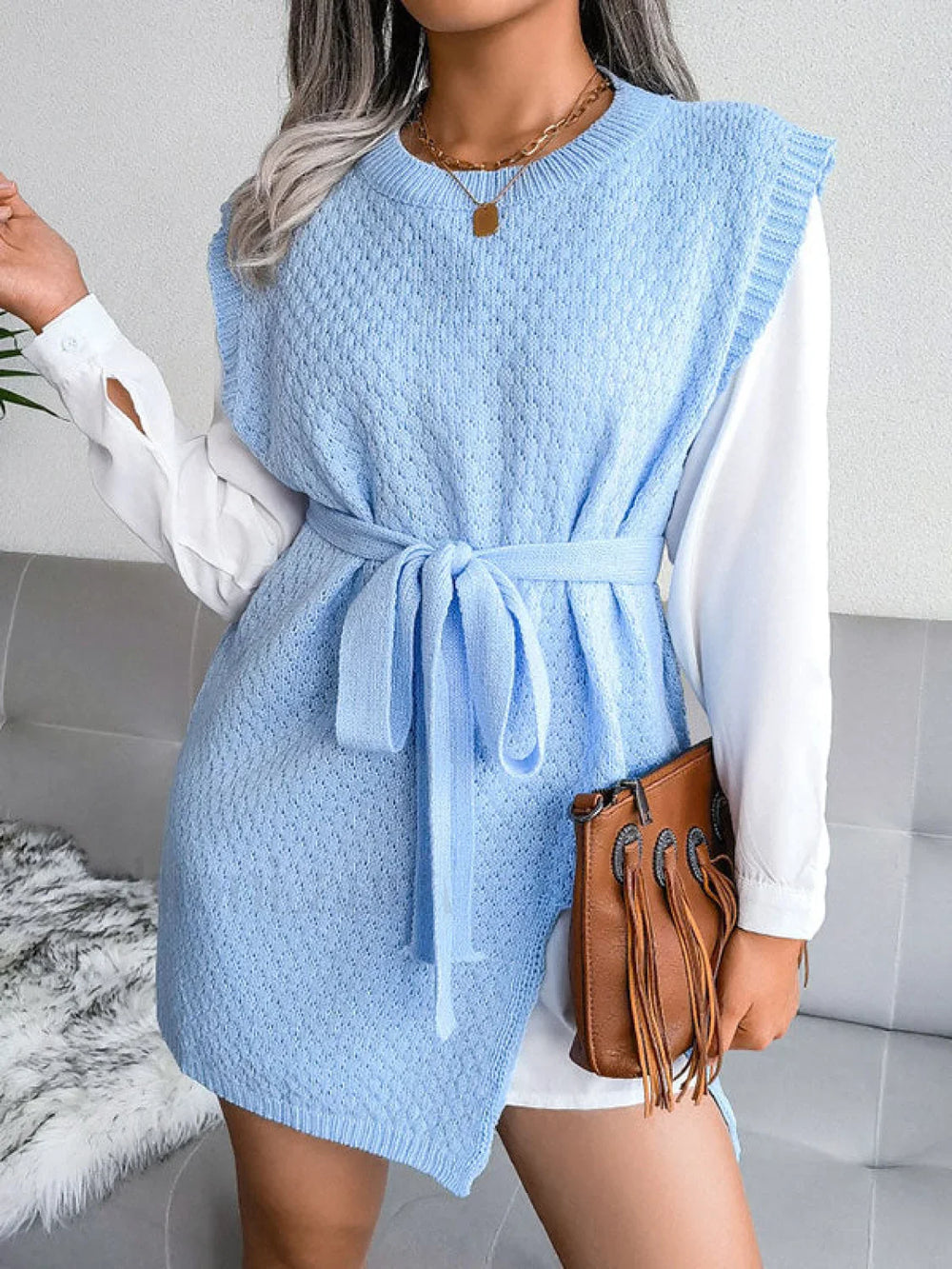 Sleeveless Split Knit Midi Dress Blue / S Midi Dresses