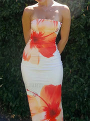 Sleeveless Strapless Bodycon Flower Print Midi Floral Dress