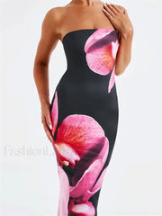 Sleeveless Strapless Bodycon Flower Print Midi Floral Dress