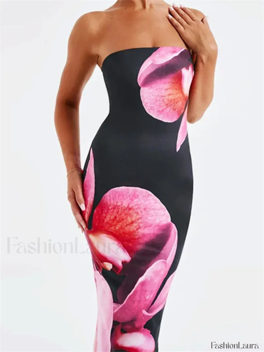 Sleeveless Strapless Bodycon Flower Print Midi Floral Dress
